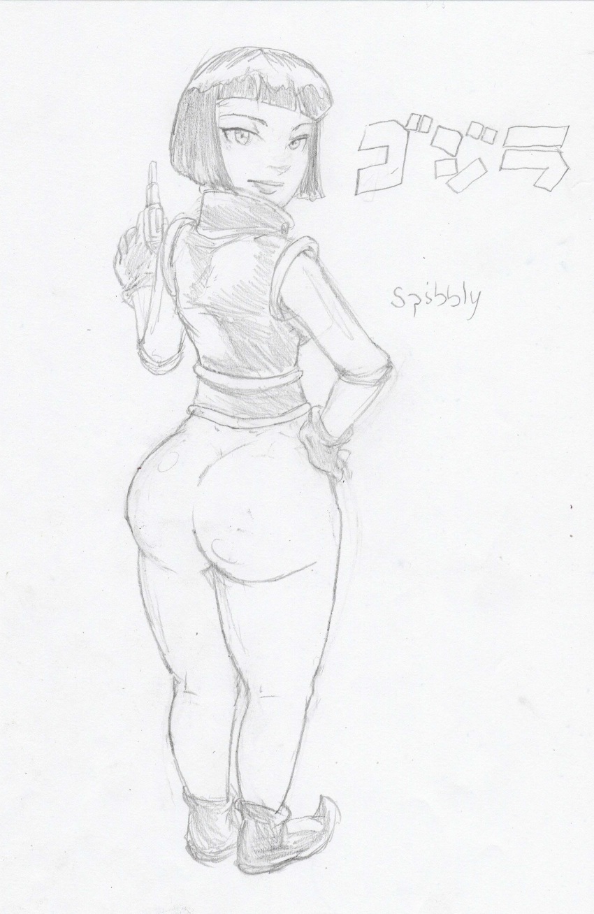 1girl absurdres alien ass bodysuit directed-energy_weapon energy_gun energy_weapon godzilla_(series) godzilla_vs._monster_zero gun handgun highres huge_ass looking_at_viewer looking_back namikawa_(godzilla) pistol short_hair sidearm sketch spibby toho weapon xilien