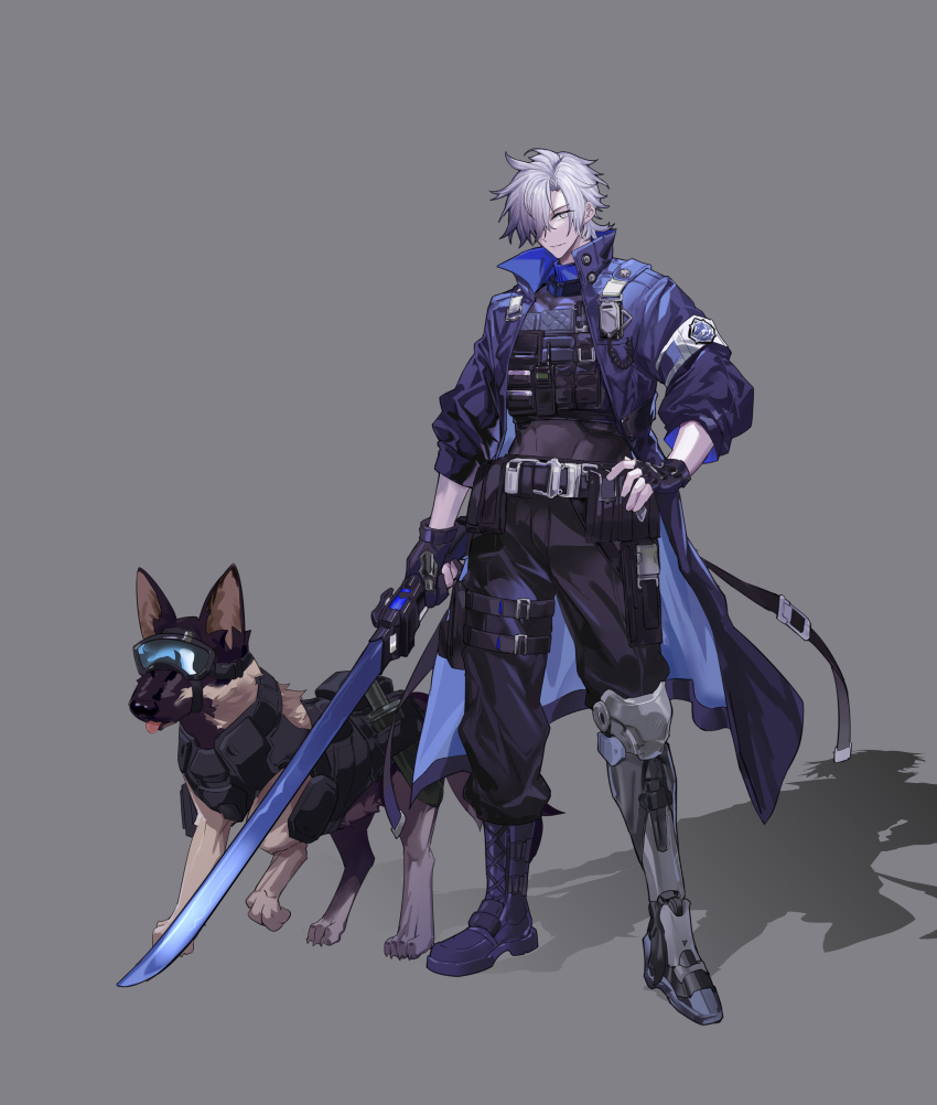 1boy 463_jun absurdres animal belt boots character_request chinese_commentary coat commentary_request dog epic_seven goggles grey_hair hair_over_one_eye hand_on_own_hip highres holding holding_sword holding_weapon looking_at_viewer male_focus mechanical_legs shadow single_mechanical_leg smile solo sword weapon yellow_eyes