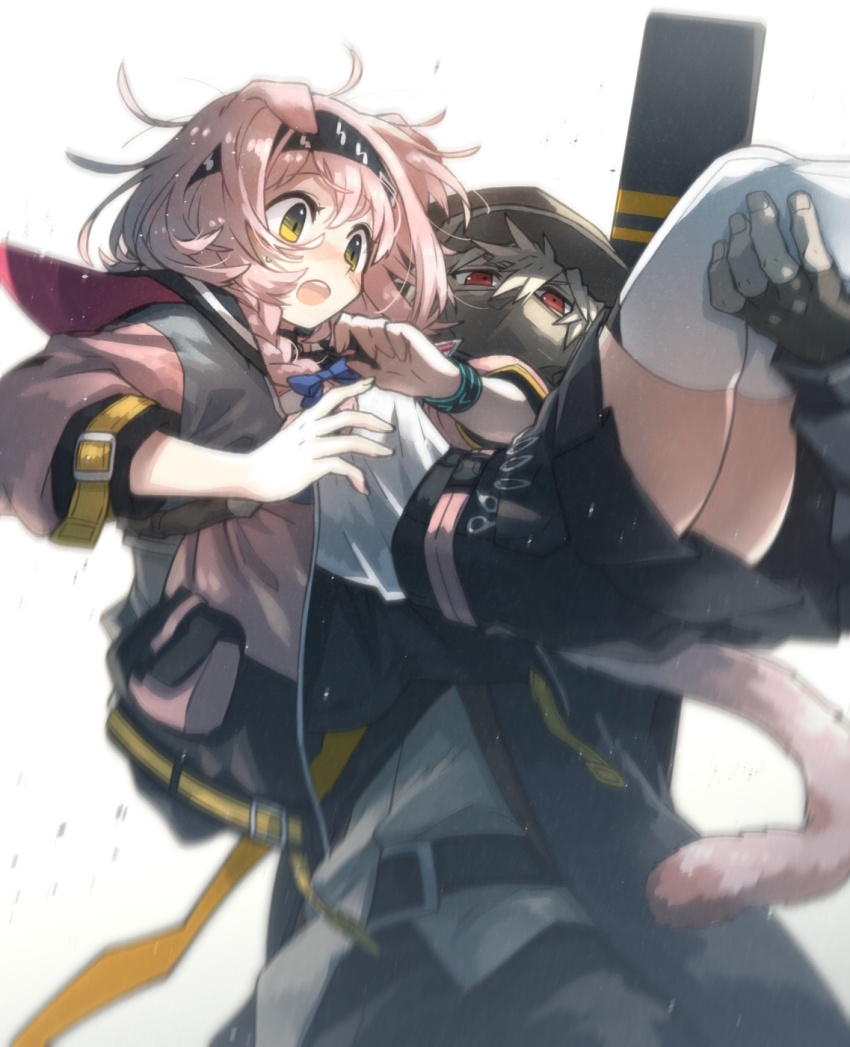 1boy 1girl animal_ears arknights black_gloves black_hairband black_headwear black_jacket black_skirt blue_bow bow bracelet braid newsboy_cap carrying cat_ears cat_girl cat_tail coat commentary_request fingerless_gloves floppy_ears gloves goldenglow_(arknights) grey_hair hair_bow hairband hat hateful_avenger_(arknights) high-waist_skirt highres infection_monitor_(arknights) jacket jewelry lightning_bolt_print long_sleeves morini_ochiteru multicolored_coat open_mouth pink_coat pink_hair print_hairband red_eyes shirt side_braid simple_background skirt surprised tail thighhighs two-tone_coat white_background white_shirt white_thighhighs yellow_eyes