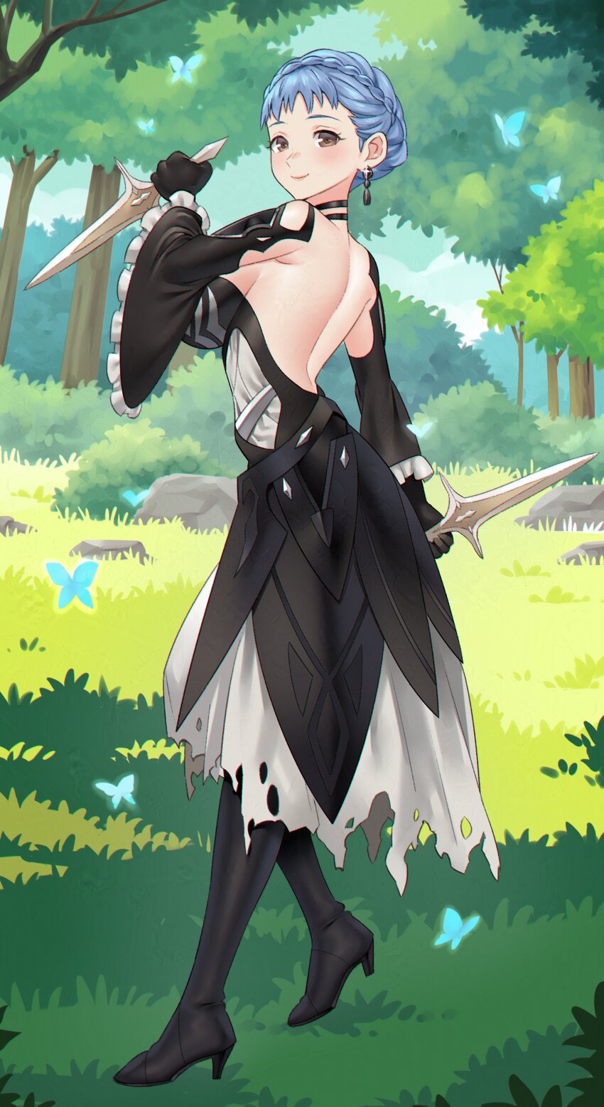1girl absurdres alternate_costume back backless_dress backless_outfit black_dress black_gloves blue_hair blue_sky braid breasts brown_eyes bug butterfly closed_mouth cloud commentary commission cosplay crown_braid detached_sleeves dress earrings eir_(fire_emblem) eir_(fire_emblem)_(cosplay) english_commentary fire_emblem fire_emblem:_three_houses fire_emblem_heroes forest gloves grass highres igni_tion insect jewelry large_breasts looking_at_viewer marianne_von_edmund marianne_von_edmund_(timeskip) nature nintendo outdoors short_hair sky sly smile solo torn_clothes torn_dress tree voice_actor_connection xanthe_huynh