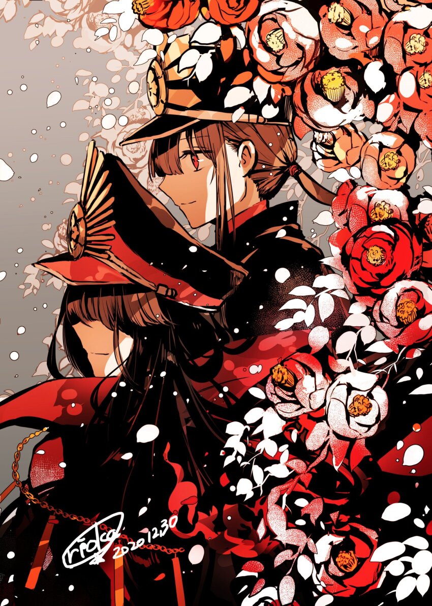 1boy black_cape brother_and_sister brown_hair camellia cape chain closed_mouth crest crosshatching dated family_crest fate/grand_order fate_(series) flower gold_chain grey_background hair_between_eyes hair_over_eyes hat hatching_(texture) high_collar highres leaf limited_palette long_hair oda_nobukatsu_(fate) oda_nobunaga_(fate) oda_nobunaga_(koha-ace) oda_uri peaked_cap ponytail profile red_cape red_eyes red_flower rioka_(southern_blue_sky) shako_cap siblings sidelocks signature smile snowing