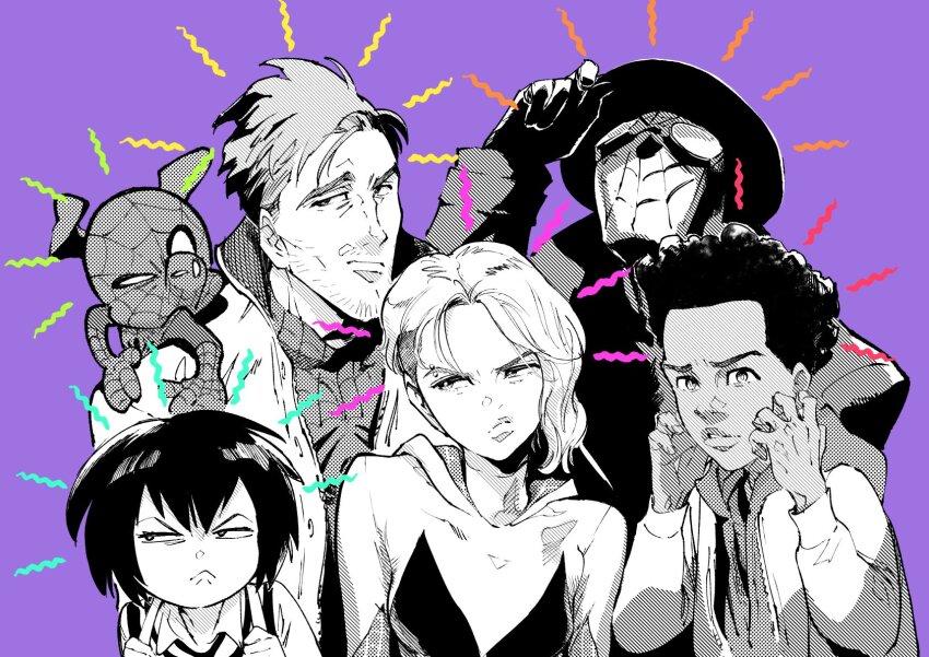 2girls 4boys :&lt; ahn_dongshik closed_mouth greyscale gwen_stacy hat highres marvel mask monochrome multiple_boys multiple_girls peni_parker school_uniform short_hair sp//dr spider-gwen spider-ham spider-man spider-man:_into_the_spider-verse spider-man_(miles_morales) spider-man_(series) spider-man_noir spider-verse spider_web_print superhero_costume