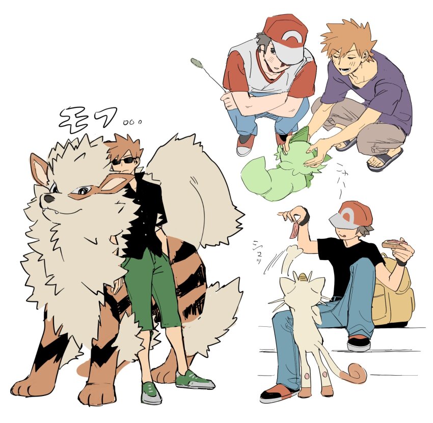 2boys arcanine backpack bag black_shirt blue_oak buttons capri_pants cattail commentary_request gen_1_pokemon green_footwear green_pants hat highres holding male_focus meowth miyage_no_nukegara multiple_boys nintendo pants plant pokemon pokemon_(creature) pokemon_sm purple_shirt red_(pokemon) sandals shirt shoes short_hair short_sleeves sitting sneakers sprigatito squatting standing t-shirt yellow_bag