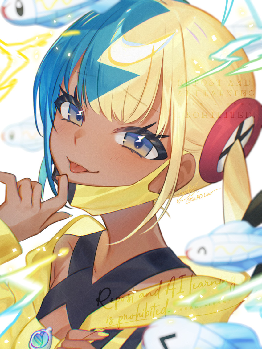 1girl bandeau blue_eyes breasts canari_(pokemon) cleavage closed_mouth commentary_request eyelashes gen_5_pokemon highres jacket looking_at_viewer mask mask_pull mouth_mask multicolored_hair nail_polish nintendo pokemon pokemon_(creature) pokemon_legends:_z-a shiroraba short_twintails signature smile tongue tongue_out twintails tynamo upper_body watermark white_background yellow_bandeau yellow_jacket yellow_nails