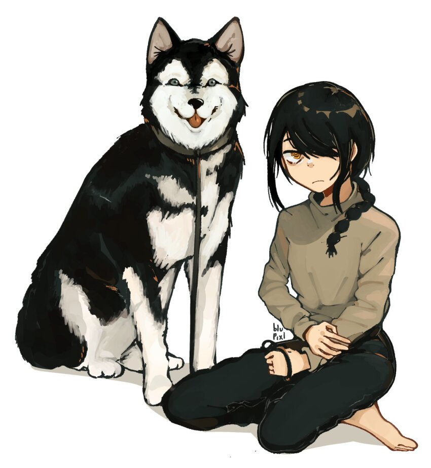1girl artist_name black_hair black_pants blupixl braid braided_ponytail chainsaw_man grey_sweater hair_over_one_eye highres holding holding_leash husky leash looking_at_viewer medium_hair nayuta_(chainsaw_man) pants ringed_eyes seiza simple_background sitting sweater white_background yellow_eyes