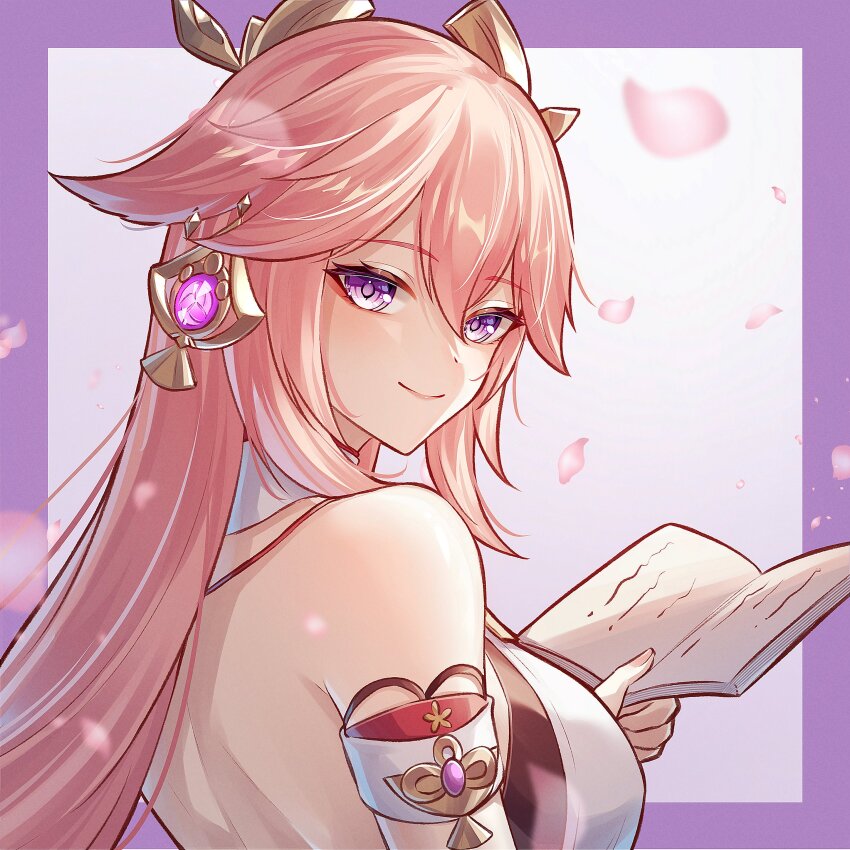 1girl absurdres animal_ears back bare_shoulders book border breasts closed_mouth commentary_request earrings fingernails fox_ears from_behind gem genshin_impact hair_between_eyes hand_up highres holding holding_book jewelry large_breasts long_hair looking_at_viewer looking_back outside_border pink_hair purple_border purple_eyes purple_gemstone smile solo very_long_hair yae_miko yuno_kaihara