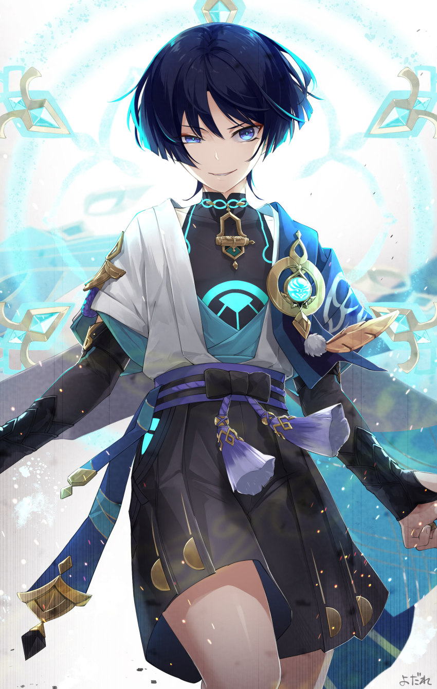 1boy absurdres artist_name black_bow black_shirt black_shorts blue_cape blue_ribbon blunt_ends bow bridal_gauntlets cape choppy_bangs commentary_request covered_collarbone embers energy evil_grin evil_smile eyeshadow genshin_impact grin hair_between_eyes highres itsumono_katze jacket light_particles looking_at_viewer makeup male_focus no_headwear open_clothes open_jacket pom_pom_(clothes) purple_eyes purple_hair purple_sash red_eyeshadow ribbon rope sash scaramouche_(genshin_impact) shirt short_hair short_sleeves shorts signature sleeveless sleeveless_shirt smile solo tassel v-shaped_eyebrows vision_(genshin_impact) wanderer_(genshin_impact) white_jacket