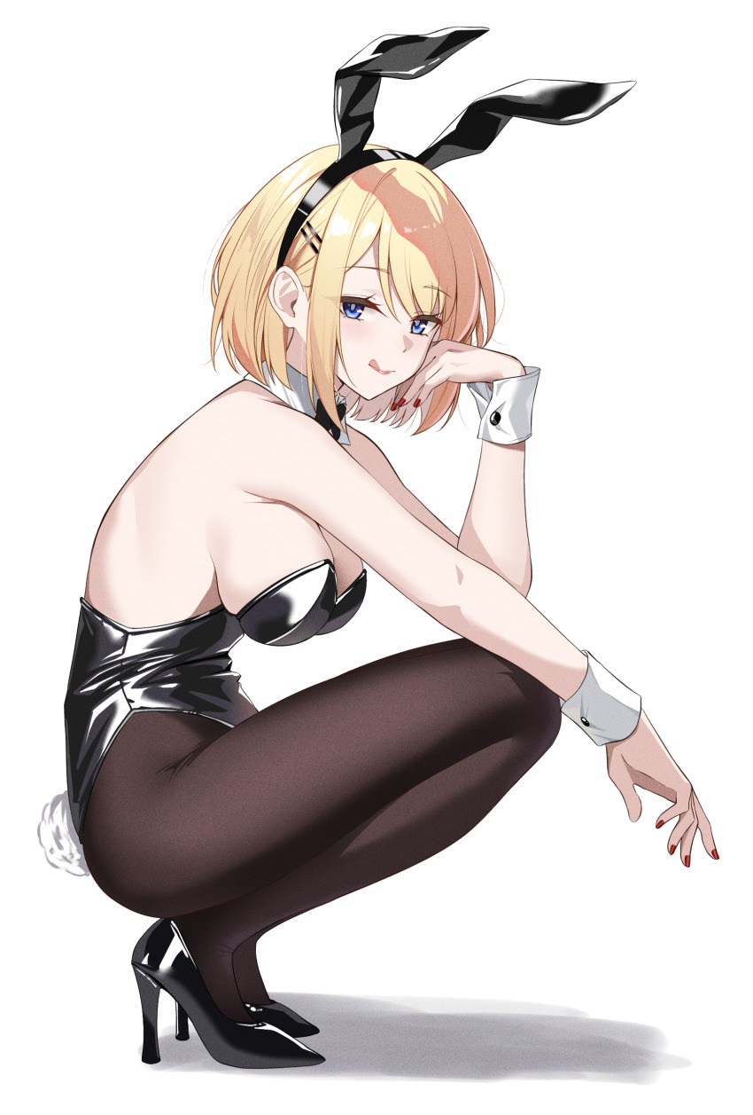 1girl :q absurdres animal_ear_hairband animal_ears ass bare_shoulders black_pantyhose black_shoes blonde_hair blue_eyes bow bowtie breasts cleavage detached_collar fake_animal_ears hair_ornament hairband hairclip high_heels highres leotard looking_at_viewer medium_breasts original pantyhose playboy_bunny rabbit_ear_hairband rabbit_ears rabbit_tail red_nails reia_76 shoes short_hair smile solo squatting tail tongue tongue_out wrist_cuffs