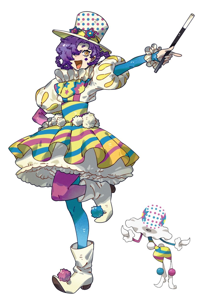 ankle_boots asymmetrical_legwear asymmetrical_sleeves blacephalon blue_leggings blue_pantyhose blue_sleeves boots creature_and_personification eyewear_on_head eyewear_on_headwear facial_mark facial_tattoo fang gen_7_pokemon hair_over_one_eye hair_rings hand_up hat highres holding holding_wand leg_up leggings magician mismatched_legwear mismatched_sleeves neck_ruff nintendo official_art_inset open_mouth overskirt pantyhose personification pink_leggings pink_pantyhose pink_sleeves pointy_footwear pokemon polka_dot polka_dot_headwear pom_pom_(clothes) puff_and_slash_sleeves puffy_sleeves purple_hair reference_inset shirt short_eyebrows skirt smile spade_(shape) spade_facial_mark spade_tattoo standing standing_on_one_leg star-shaped_eyewear star_(symbol) striped_clothes tattoo top_hat ultra_beast wand white_footwear white_shirt wrist_cuffs wulie_errr yellow_eyes yellow_skirt