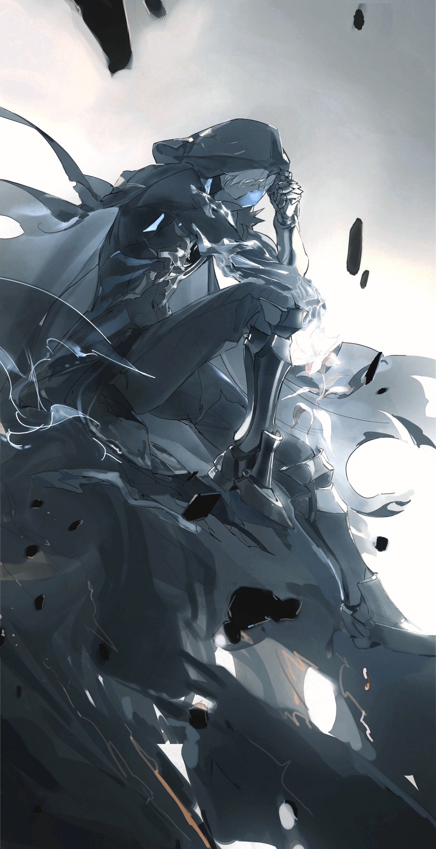 1boy 40080028157 absurdres arm_rest armored_boots black_cloak black_pants boots chinese_commentary clawed_gauntlets cloak commentary_request dark_persona flame_reaver_of_the_deepest_dark flower from_side hair_between_eyes highres honkai:_star_rail honkai_(series) hood hood_up hooded_cloak knee_up male_focus pants phainon_(honkai:_star_rail) sitting solo white_hair