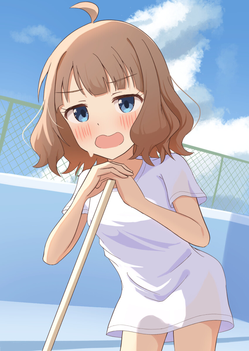 1girl antenna_hair blue_eyes blush cloud empty_pool exhausted fence highres idolmaster idolmaster_million_live! idolmaster_million_live!_theater_days kumotsuki35 leaning_on_object looking_at_viewer medium_hair no_pants open_mouth outdoors pool shirt sky solo suou_momoko sweat white_shirt