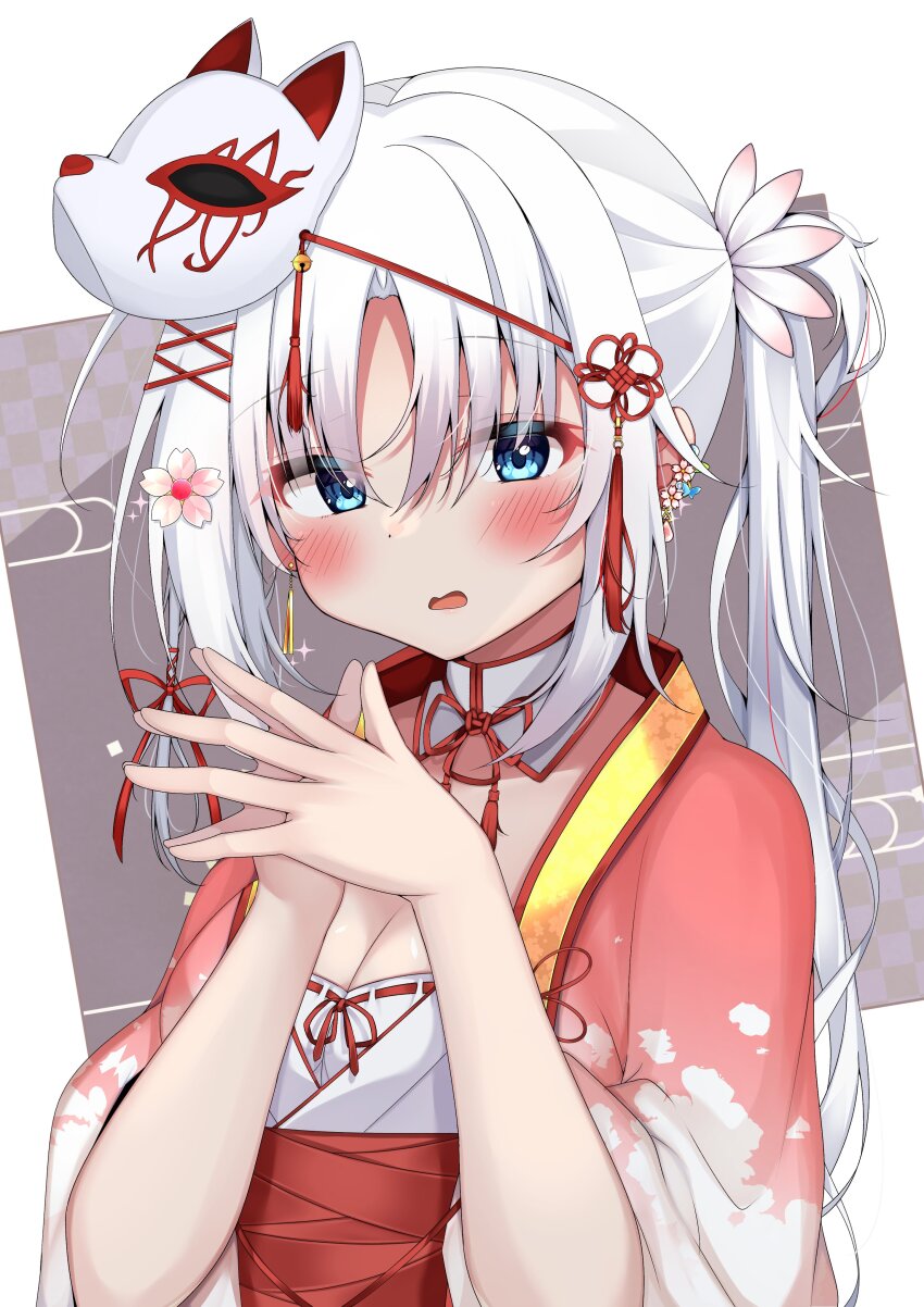 1girl absurdres blue_eyes blush breasts cleavage collar commentary detached_collar earrings eyelashes eyes_visible_through_hair flower fox_mask hair_between_eyes hair_flower hair_ornament hair_ribbon half_updo hands_up highres japanese_clothes jewelry kimono large_breasts long_hair long_sleeves looking_at_viewer mask open_mouth own_hands_together parted_bangs pink_kimono red_ribbon red_sash ribbon sash senren_banka shy sidelocks simple_background solo sparkle steepled_fingers straight_hair tassel tassel_hair_ornament tomotake_yoshino twintails upper_body very_long_hair wavy_mouth white_background white_collar white_flower white_hair wide_sleeves yosh1na