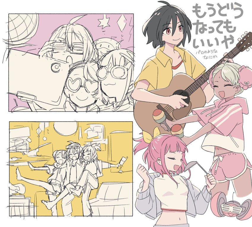 1boy 2girls bellri_zenam black_hair blue_eyes braid breasts closed_eyes closed_mouth commentary_request dancing dark-skinned_female dark_skin double_bun guitar gundam gundam_g_no_reconguista hair_between_eyes hair_bun heart heart-shaped_eyewear highres holding holding_guitar holding_instrument instrument jacket long_hair looking_at_viewer multiple_girls music nobell noredo_nug open_mouth pink_hair raraiya_monday red_eyes robot sbr_ghn selfie shirt short_hair short_sleeves singing smile sunglasses translation_request twin_braids white_hair