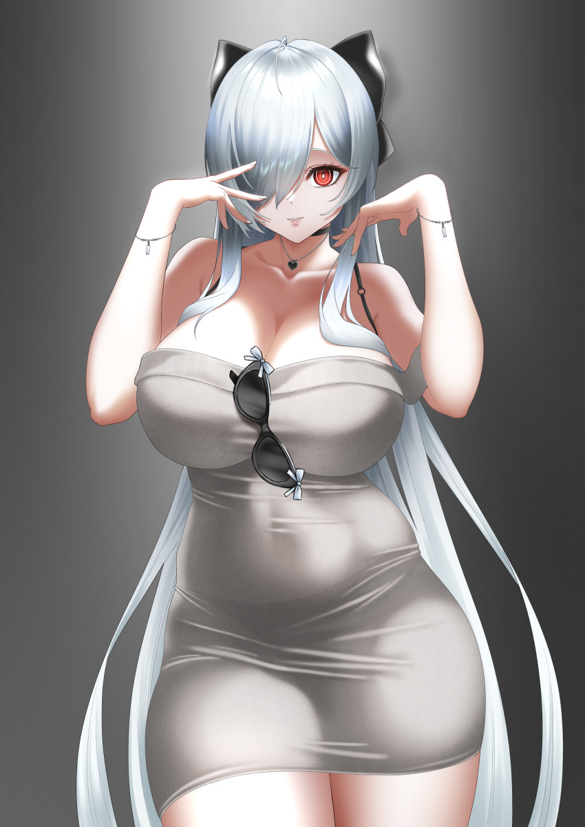 1girl absurdres black_choker black_ribbon breasts choker cinderella_(beautiful_me)_(nikke) cinderella_(nikke) cleavage covered_navel dongtan_dress dress eyewear_hang goddess_of_victory:_nikke grey_dress hair_over_one_eye hair_ribbon heart heart_necklace highres jewelry kuremon large_breasts long_hair meme_attire necklace official_alternate_costume one_eye_covered phone red_eyes ribbon smile solo thighs unworn_eyewear