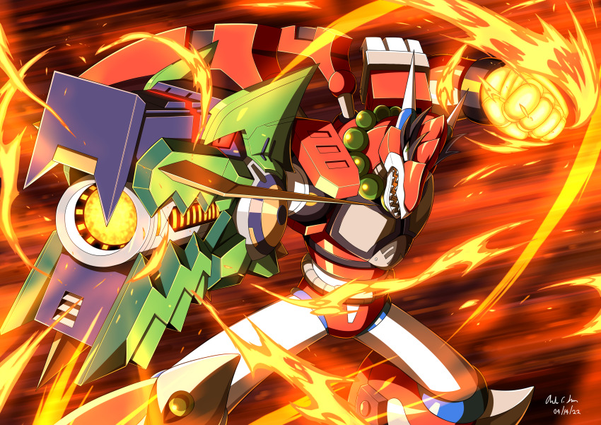 1boy absurdres android arm_cannon bead_necklace beads clenched_hand commentary dated dragon dragon_horns english_commentary fighting_stance fire fire green_eyes highres horns innovator123 jewelry legs_apart magma_dragoon_(mega_man) male_focus mecha mega_man_(series) mega_man_x_(series) mega_man_x_dive necklace open_mouth red_eyes robot shadow sharp_teeth signature teeth weapon