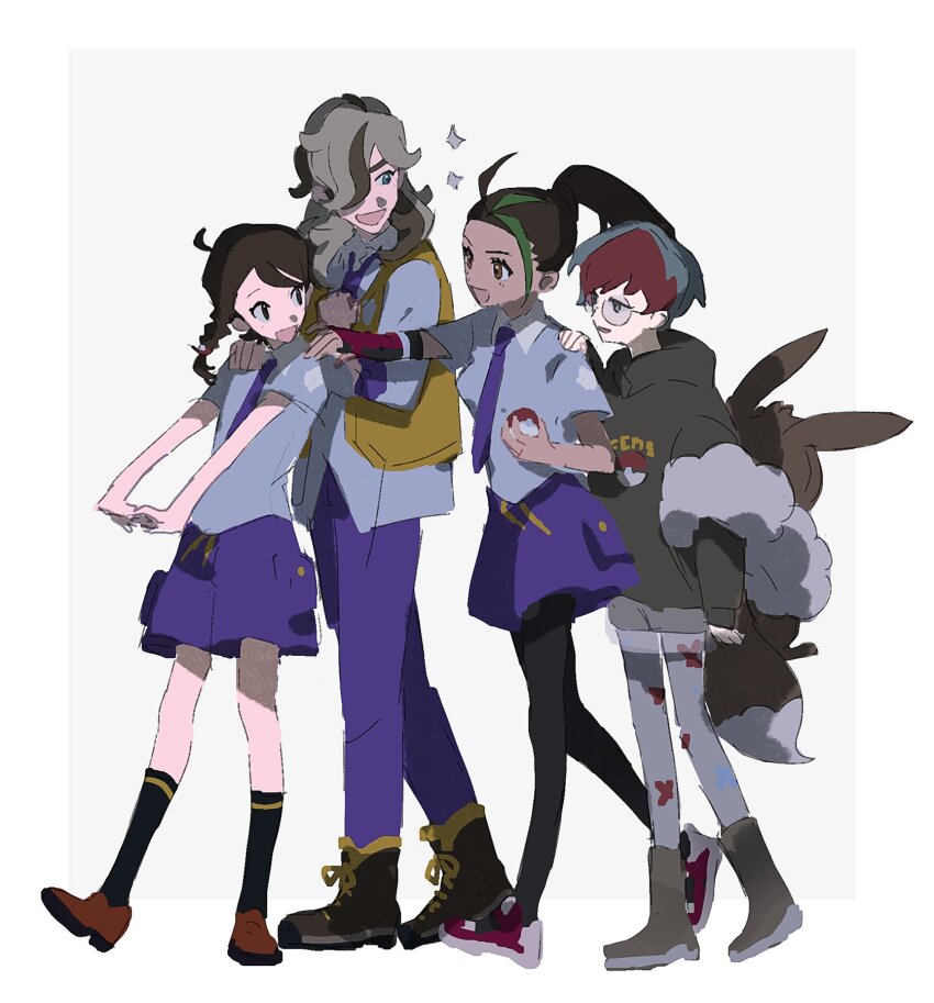 1boy 3girls arven_(pokemon) bag black_hair black_hoodie black_socks blue_hair boots braid breasts collared_shirt commentary_request denoia eevee gen_1_pokemon glasses green_hair grey_background grey_hair highres holding holding_poke_ball hood hood_down hoodie juliana_(pokemon) kneehighs long_hair long_sleeves multiple_girls nemona_(pokemon) nintendo open_mouth own_hands_together pants pantyhose penny_(pokemon) poke_ball pokemon pokemon_sv ponytail red_hair school_uniform shirt short_hair shorts simple_background socks sparkle uva_academy_school_uniform vest yellow_vest