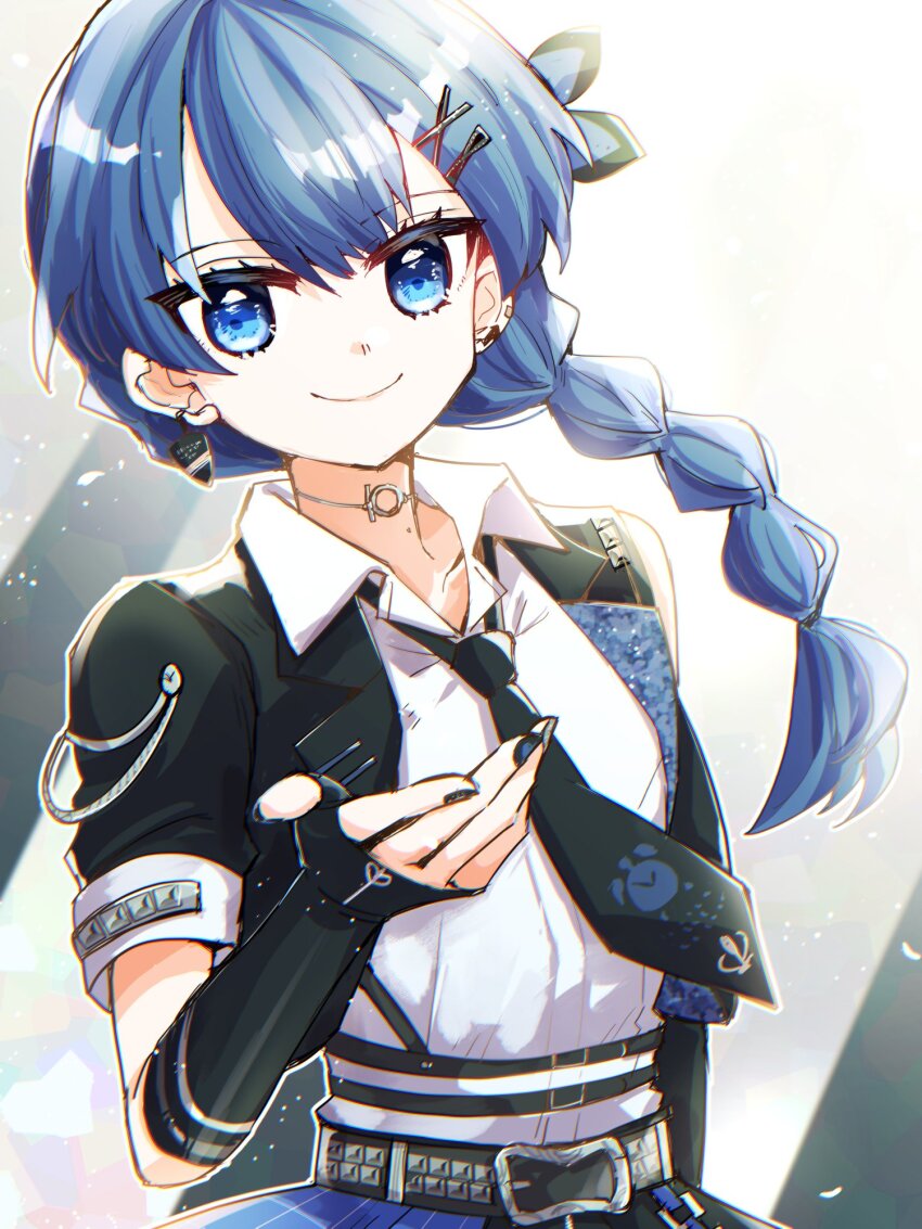 1girl belt black_gloves black_jacket black_necktie blue_hair braid choker closed_mouth collarbone collared_shirt commentary elbow_gloves fingerless_gloves gloves grey_background hair_ornament highres i_do_me!_(love_live!) jacket kanduki_kamibukuro light_particles link!_like!_love_live! long_hair love_live! mole mole_on_neck murano_sayaka necktie o-ring o-ring_choker official_alternate_costume open_clothes open_collar open_jacket outline shirt short-sleeved_jacket short_sleeves single_braid smile solo split_mouth studded_belt upper_body virtual_youtuber white_outline white_shirt x_hair_ornament