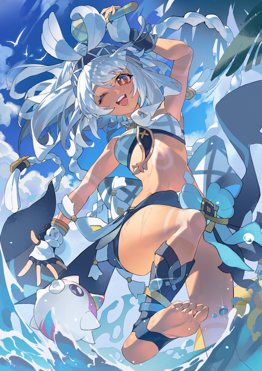 1girl absurdres arm_up barefoot blue_headband blue_sky body_markings braid breasts chinese_commentary cloud commentary_request dark-skinned_female dark_skin fingerless_gloves genshin_impact gloves headband highres holding holding_instrument holding_maracas instrument long_hair looking_at_viewer low_twin_braids lushi_jin_up maracas mualani_(genshin_impact) one_eye_closed open_mouth outdoors red_eyes sky small_breasts smile solo standing standing_on_one_leg twin_braids water white_gloves white_hair