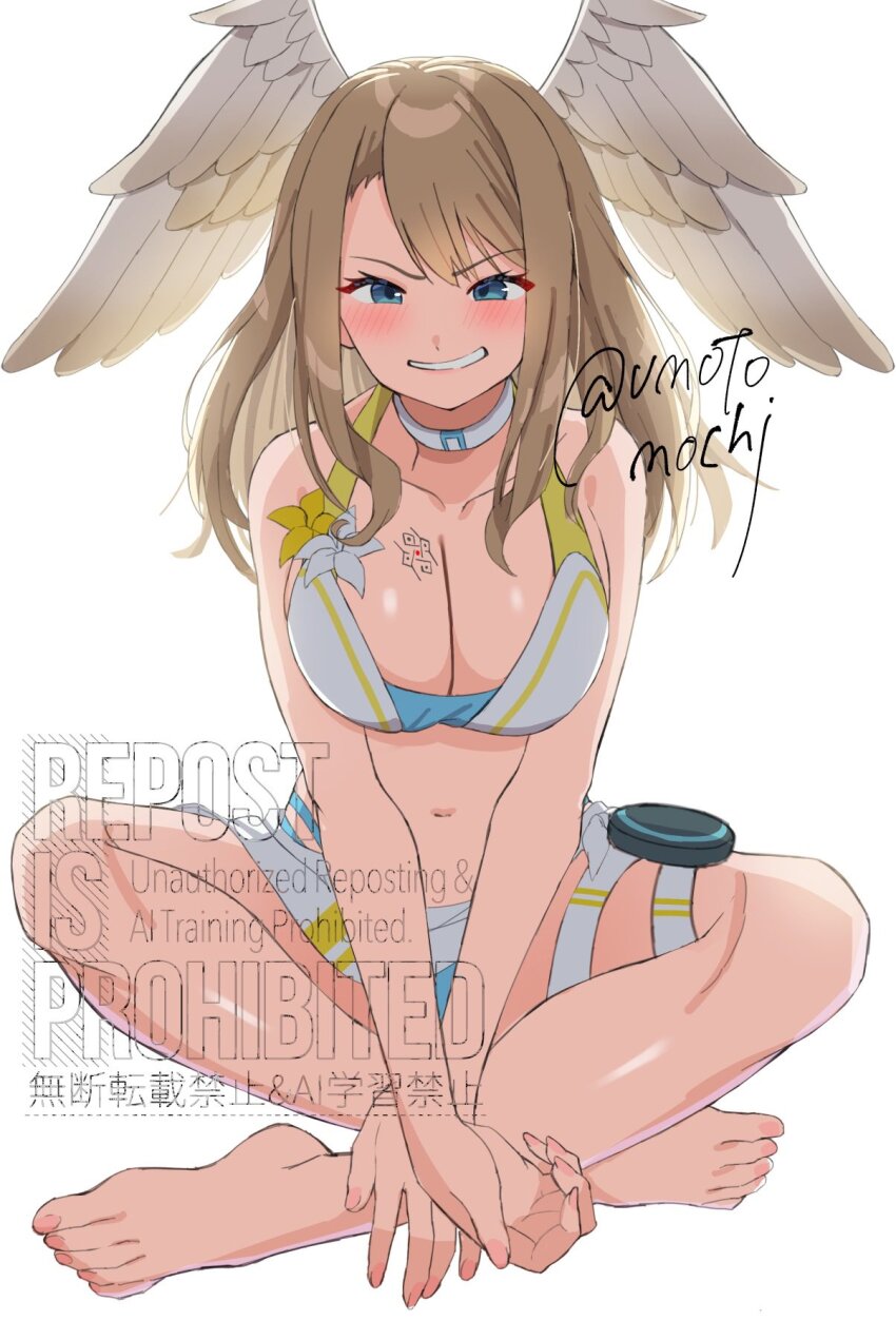 1girl asymmetrical_bangs barefoot blue_eyes blush breasts brown_hair cleavage commentary_request crossed_legs eunie_(xenoblade) eyelashes full_body head_wings highres large_breasts long_hair navel official_alternate_costume parted_bangs simple_background sitting smile solo swimsuit umotomochi v-shaped_eyebrows watermark white_background wings xenoblade_chronicles_(series) xenoblade_chronicles_3