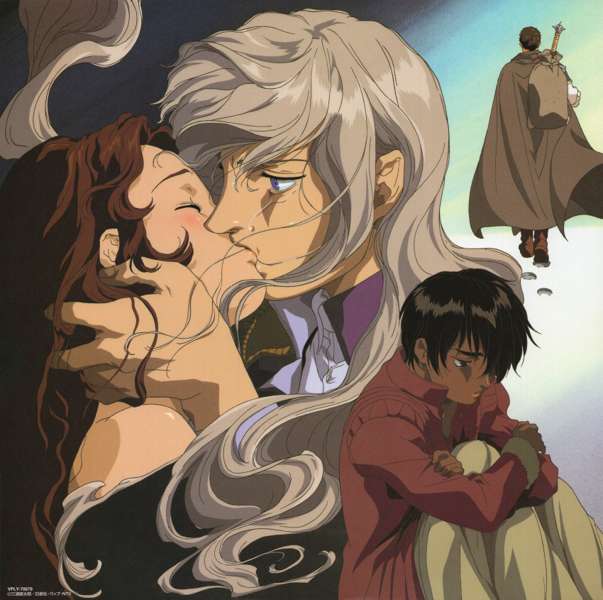 1990s_(style) 2boys 2girls back berserk black_hair blue_eyes blush brown_eyes brown_hair cape casca_(berserk) charlotte_(berserk) closed_eyes coat copyright_notice crossed_arms dark-skinned_female dark_skin floating_hair grey_hair griffith_(berserk) guts_(berserk) hair_over_one_eye hand_around_neck hetero highres holding holding_behind_back holding_sack knees_up long_hair long_sleeves multiple_boys multiple_girls non-web_source official_art red_coat retro_artstyle sack scan sheath sheathed short_hair sitting standing sweat sword tears walking walking_away weapon