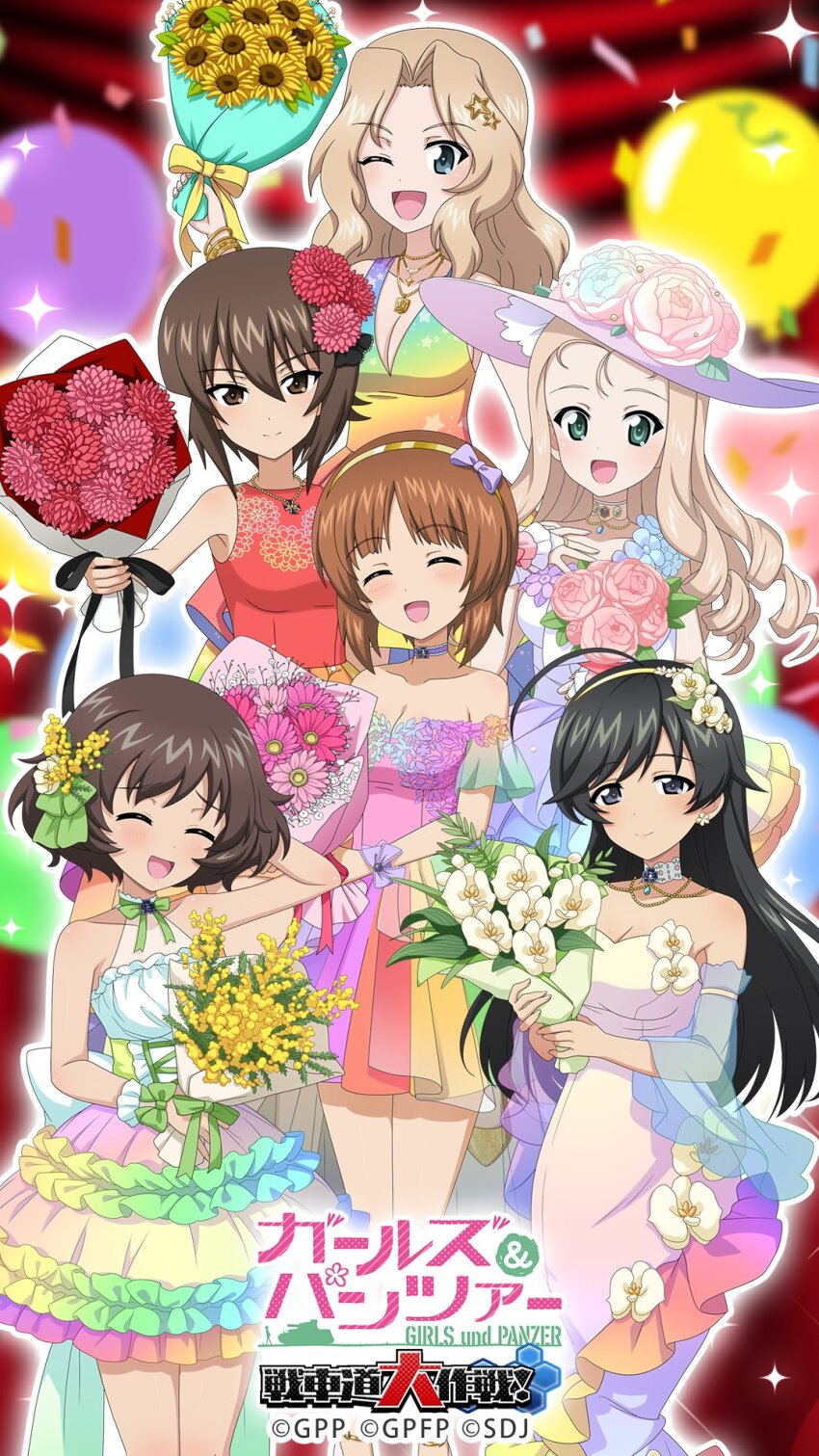 6+girls ahoge akiyama_yukari balloon bare_arms bare_legs bare_shoulders black_eyes black_hair black_ribbon black_shoes blonde_hair blue_eyes blue_flower blush bouquet bow bracelet breasts bridal_gauntlets brown_eyes brown_hair choker cleavage closed_eyes collarbone confetti copyright_name daisy_(flower) dress drill_hair floral_print flower fluffy_hair frilled_dress frills full_body girls_und_panzer girls_und_panzer_senshadou_daisakusen! gradient_background gradient_clothes gradient_dress green_bow green_eyes green_ribbon green_sash hair_between_eyes hair_bow hair_flower hair_intakes hair_ornament hairband hand_in_own_hair hand_on_own_chest hat hat_flower high-low_dress high_heels highres holding holding_bouquet huge_ahoge isuzu_hana jewelry kay_(girls_und_panzer) layered_dress legs long_dress long_hair looking_at_viewer marie_(girls_und_panzer) medium_hair messy_hair multiple_girls necklace nishizumi_maho nishizumi_miho official_art official_wallpaper one_eye_closed open_mouth orchid pink_flower pink_ribbon pink_rose purple_bow purple_flower purple_hat rainbow_dress rainbow_gradient red_bow red_flower ribbon rose sash see-through_clothes see-through_dress_layer see-through_sleeves shoes short_dress short_hair sleeveless sleeveless_dress smile standing star_(symbol) star_hair_ornament star_print sun_hat sunflower thighs wavy_hair white_flower wrist_cuffs yellow_flower yellow_ribbon