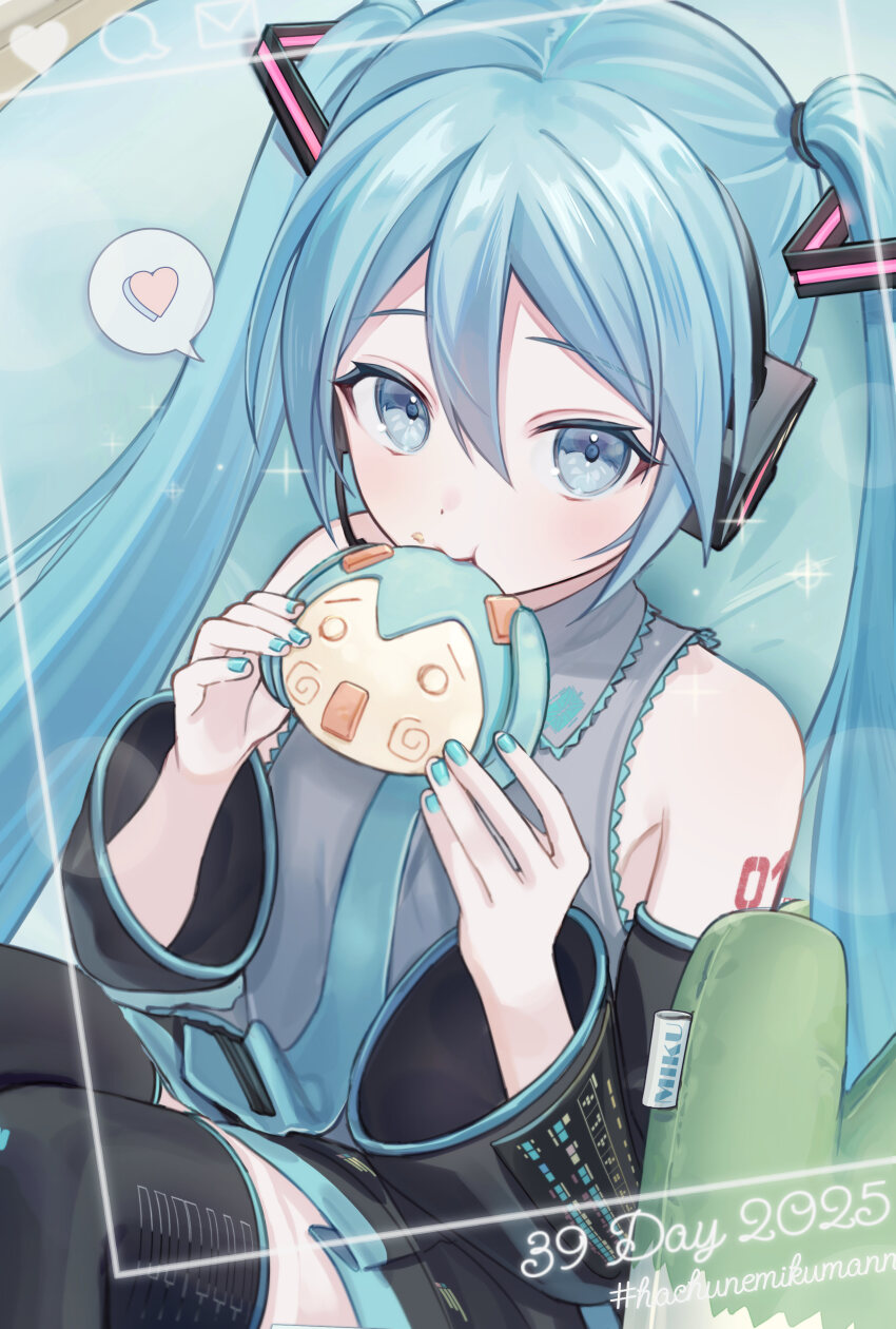 1girl absurdres aqua_eyes aqua_hair aqua_nails aqua_necktie bare_shoulders black_skirt black_sleeves black_thighhighs character-themed_food collared_shirt detached_sleeves eating food food_on_face grey_shirt hachune_miku hair_between_eyes hair_ornament hatsune_miku headphones headset highres holding holding_food long_hair looking_at_viewer microphone miku_day necktie number_tattoo pleated_skirt revision shirt shoulder_tattoo sitting skirt solo steamed_bun tattoo thighhighs twintails vocaloid vs0mr zettai_ryouiki