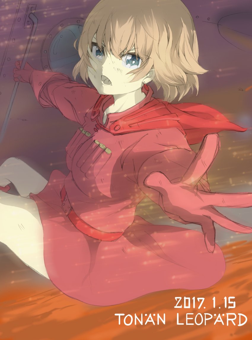 10s 1girl absurdres artist_name belt capelet commentary_request cosplay dated dress female_focus foreshortening girls_und_panzer gloves highres holding katyusha_(girls_und_panzer) kaze_no_tani_no_nausicaa leaning_back looking_at_viewer medium_dress nausicaa nausicaa_(cosplay) one-hour_drawing_challenge open_mouth porthole reaching red_belt red_capelet red_dress red_gloves short_hair solo standing tonan_leopard v-shaped_eyebrows wind