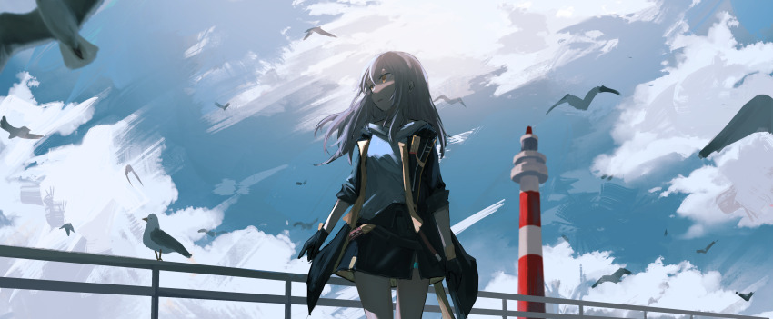 1girl absurdres bird black_gloves black_jacket black_skirt blue_sky brown_hair cloud cloudy_sky cowboy_shot de4d_fish floating_hair gloves grey_shirt hair_between_eyes highres honkai:_star_rail honkai_(series) jacket legs_apart lighthouse long_hair long_sleeves looking_to_the_side miniskirt open_clothes open_jacket orange_eyes parted_lips railing seagull shirt side_slit sidelocks skirt sky sleeves_rolled_up solo stelle_(honkai:_star_rail) thighs trailblazer_(honkai:_star_rail)