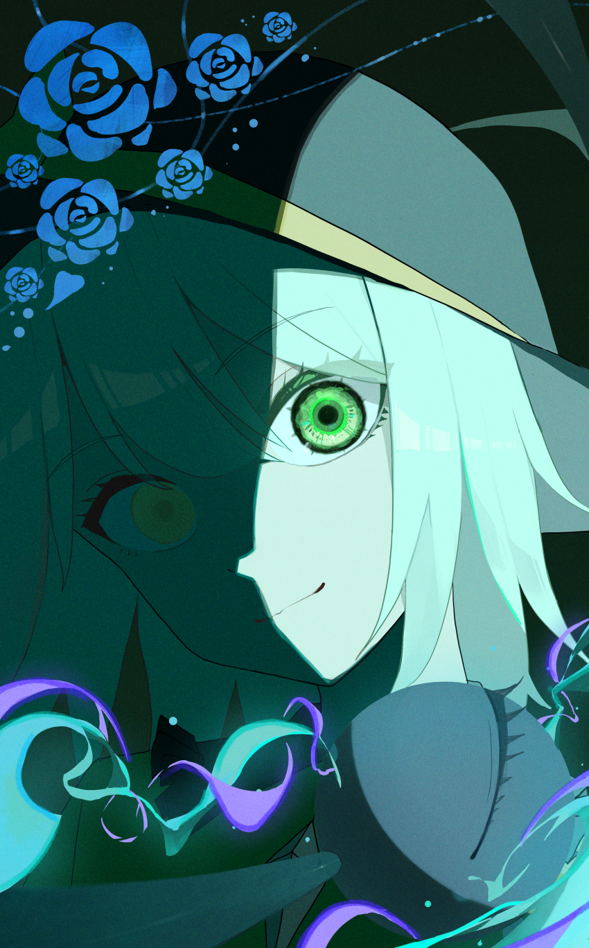 1girl absurdres bow buttons commentary_request diamond_button flower frills green_eyes green_hair green_theme hat hat_bow head_tilt highres komeiji_koishi looking_at_viewer palulap rose shaded_face shirt smile solo third_eye touhou yellow_bow yellow_shirt