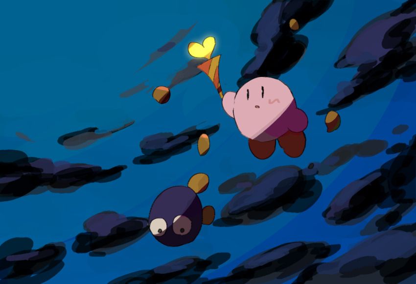 cloud cloudy_sky dark_sky gooey_(kirby) kirby kirby&#039;s_dream_land_3 kirby_(series) love_love_stick nintendo sky soumenhiyamugi