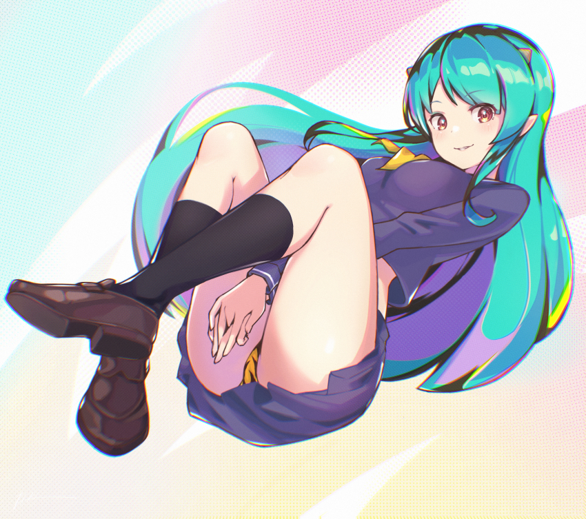 1girl absurdres breasts brown_shoes green_hair highres itou_kazuki kneehighs loafers looking_at_viewer lum medium_breasts multicolored_hair neckerchief panties pantyshot parted_lips pointy_ears red_eyes school_uniform shoes skirt smile socks solo underwear urusei_yatsura yellow_neckerchief
