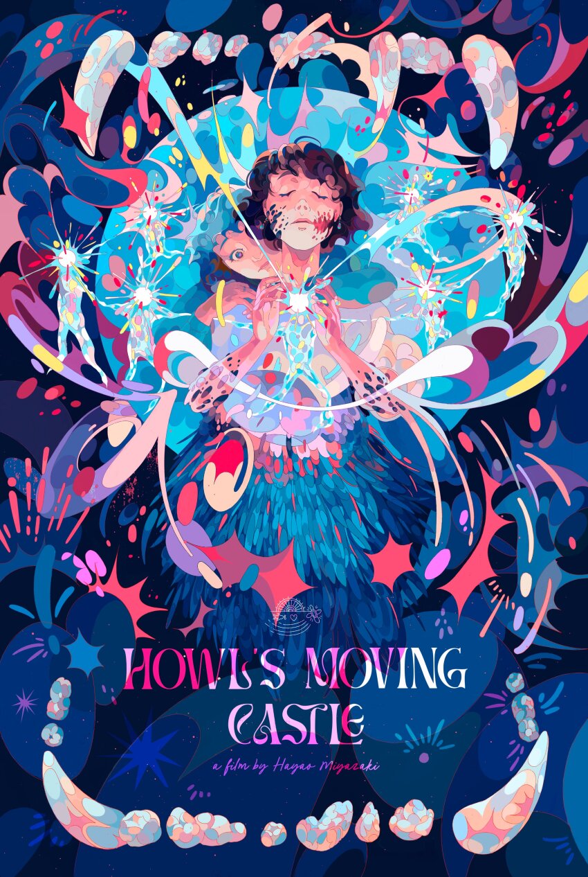 1boy 1girl abstract absurdres black_hair blue_dress blue_feathers blue_hair closed_eyes colorful copyright_name dress english_text explosion feathers grey_eyes hands_up hetero highres holding holding_star howl_pendragon howl_no_ugoku_shiro jdebbiel magic movie_poster poster_(medium) sharp_teeth shirt short_hair sophie_hatter star_(sky) star_(symbol) teeth white_shirt wide-eyed