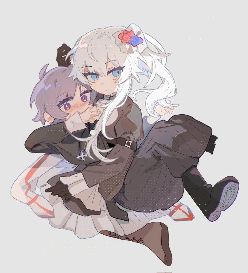 1boy 1girl black_boots black_gloves blue_eyes blush boots brown_boots covered_mouth expressionless gloves grey_background haku_eckaran happy_saint_sheol highres looking_to_the_side okamo_(oakm071) on_lap ponytail purple_eyes purple_hair securett_rafe sweatdrop white_hair