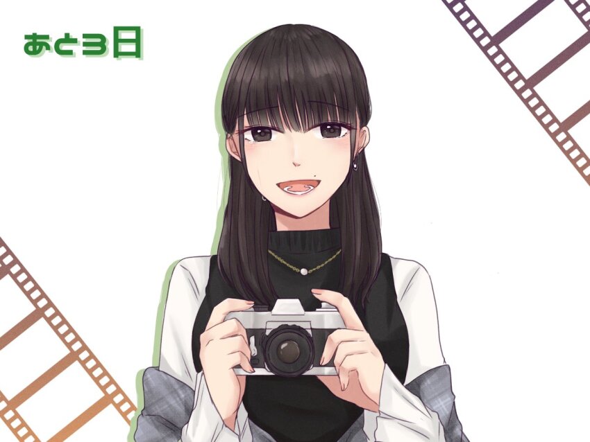 1girl actor black_sweater_vest brown_eyes brown_hair camera chain chain_necklace colored_shadow commentary countdown crying crying_with_eyes_open drop_shadow earrings film_strip fingernails grey_shawl hands_up holding holding_camera jewelry long_hair long_sleeves looking_at_viewer lower_teeth_only mole mole_above_mouth necklace nigari_(ngari_0115) nomoto_sora open_mouth plaid_clothes plaid_shawl real_life shadow shawl shirt single-lens_reflex_camera smile solo sweater_vest tears teeth translated upper_body white_background white_shirt