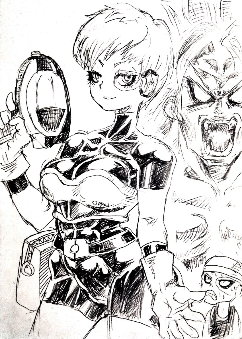 1girl 2boys absurdres blank_eyes blqueen breasts broly_(dragon_ball_super) character_request cheelai cowboy_shot dragon_ball gun hand_up highres holding holding_gun holding_weapon monochrome multiple_boys open_mouth scouter smile tight_clothes traditional_media weapon
