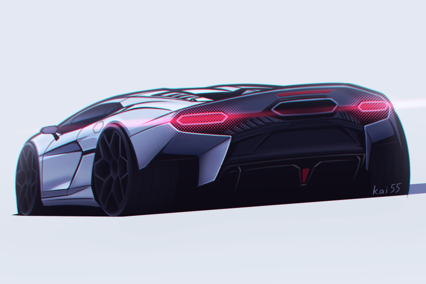 car from_behind glowing grey_background kai55 lamborghini lamborghini_temerario light_trail motor_vehicle no_humans original shadow sports_car vehicle_focus white_car