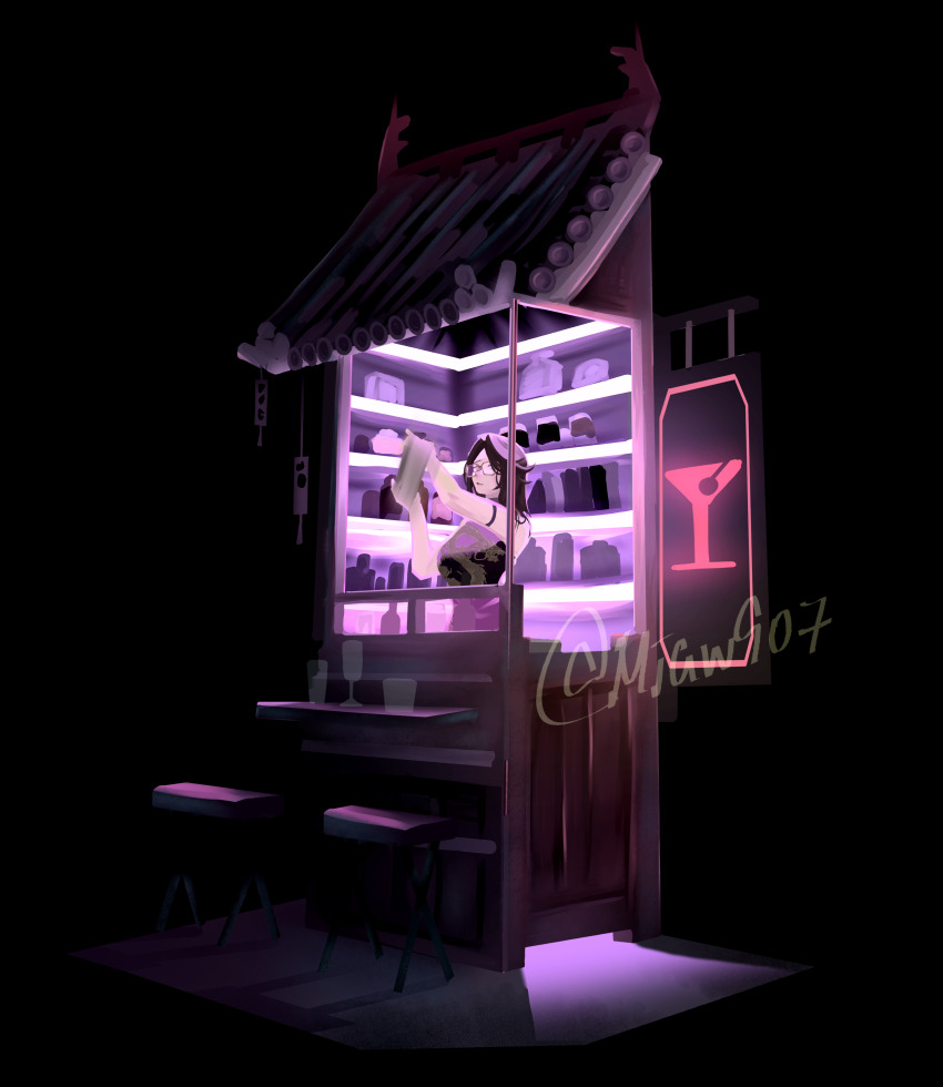 1girl absurdres architecture arm_strap arm_up bar_(place) bare_shoulders bartender black_dress black_hair breasts champagne_flute china_dress chinese_clothes cup dress drinking_glass east_asian_architecture glasses hand_up highres holding_cocktail_shaker large_breasts long_hair looking_at_viewer miaw907 motion_lines neon_sign original simple_background solo standing stool twitter_username yellow_eyes