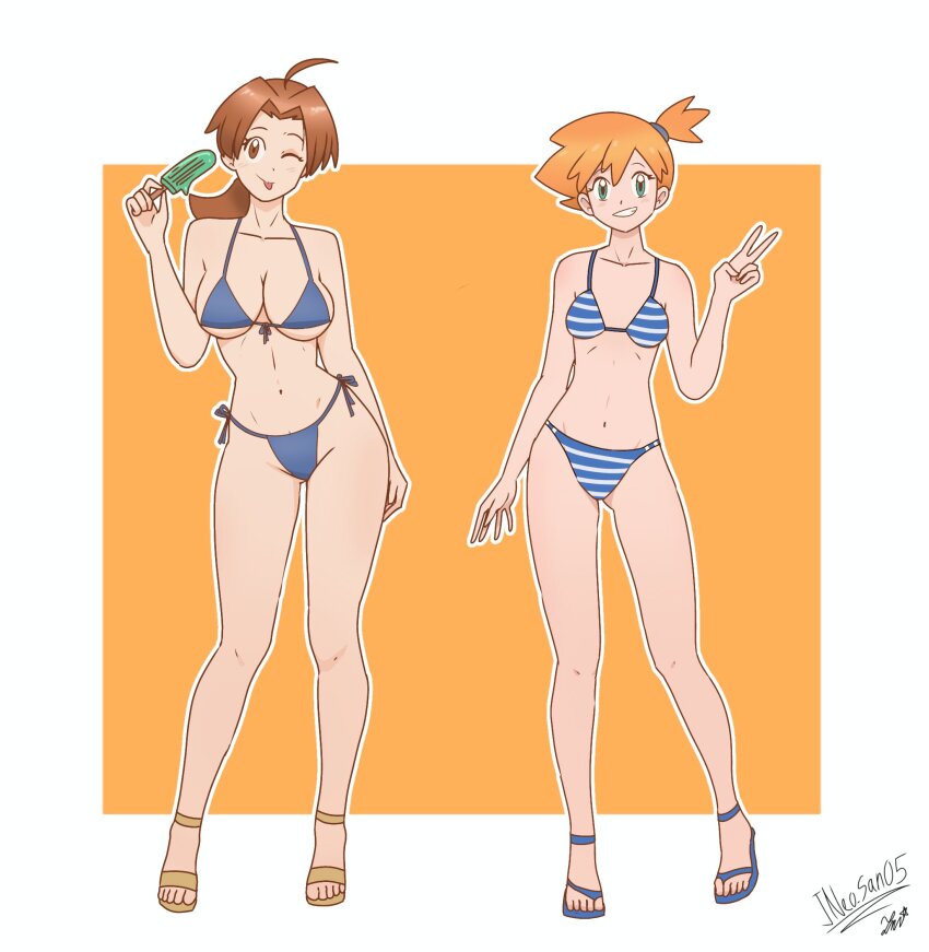2girls bare_shoulders bikini blue_bikini blush breasts brown_hair cleavage collarbone curvy delia_ketchum feet female_focus food full_body green_eyes hair_between_eyes highres holding ice_cream large_breasts legs long_hair looking_at_viewer misty_(pokemon) multiple_girls navel neo_san nintendo one_eye_closed open_mouth orange_hair outdoors pokemon pokemon_(anime) pokemon_(classic_anime) ponytail salute sandals shiny_skin shirt short_hair side_ponytail sky small_breasts smile standing striped_clothes swimsuit thighs thong thong_bikini wide_hips wink