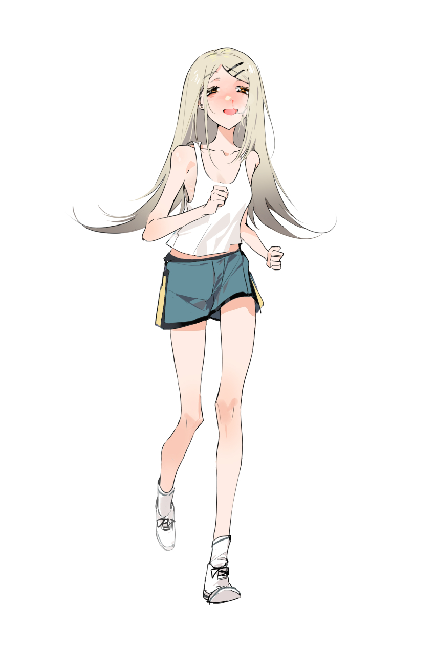 1girl absurdres bare_legs blood breasts breath clenched_hands collarbone commentary_request full_body gakuen_idolmaster green_shorts grey_hair hako_(misheyes) half-closed_eyes highres idolmaster light_brown_hair long_hair looking_ahead midriff nosebleed orange_eyes running shinosawa_hiro shorts simple_background skinny small_breasts solo tank_top very_long_hair white_background white_tank_top