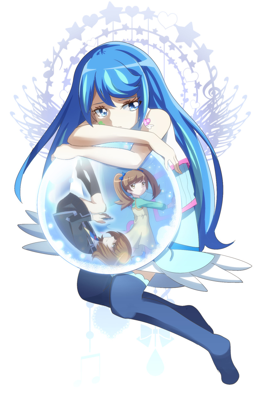 2girls age_progression aged_down aged_up akatsu_masato alternate_form bare_shoulders barefoot black_jacket black_skirt black_thighhighs blue_angel_(yu-gi-oh!) blue_bow blue_dress blue_eyes blue_hair blue_necktie blue_thighhighs bow brown_eyes brown_hair cellphone commentary corset covering_own_mouth crossed_arms crystal_ball dress dress_shirt dual_persona facial_mark facing_another facing_away facing_to_the_side glass green_shirt hair_down hand_on_own_arm head_rest heart_ear_ornament highres holding holding_hands holding_phone jacket knees_up leaning_back leaning_on_object long_hair looking_at_another looking_at_object looking_to_the_side looking_up lying multiple_girls necktie on_back open_clothes open_jacket orb outstretched_arm phone pleated_skirt remembering school_uniform shirt short_hair size_difference skirt sleeveless sleeveless_shirt smartphone sweater_vest thighhighs twintails white_background white_corset yellow_dress yellow_sweater_vest yu-gi-oh! yu-gi-oh!_vrains zaizen_aoi