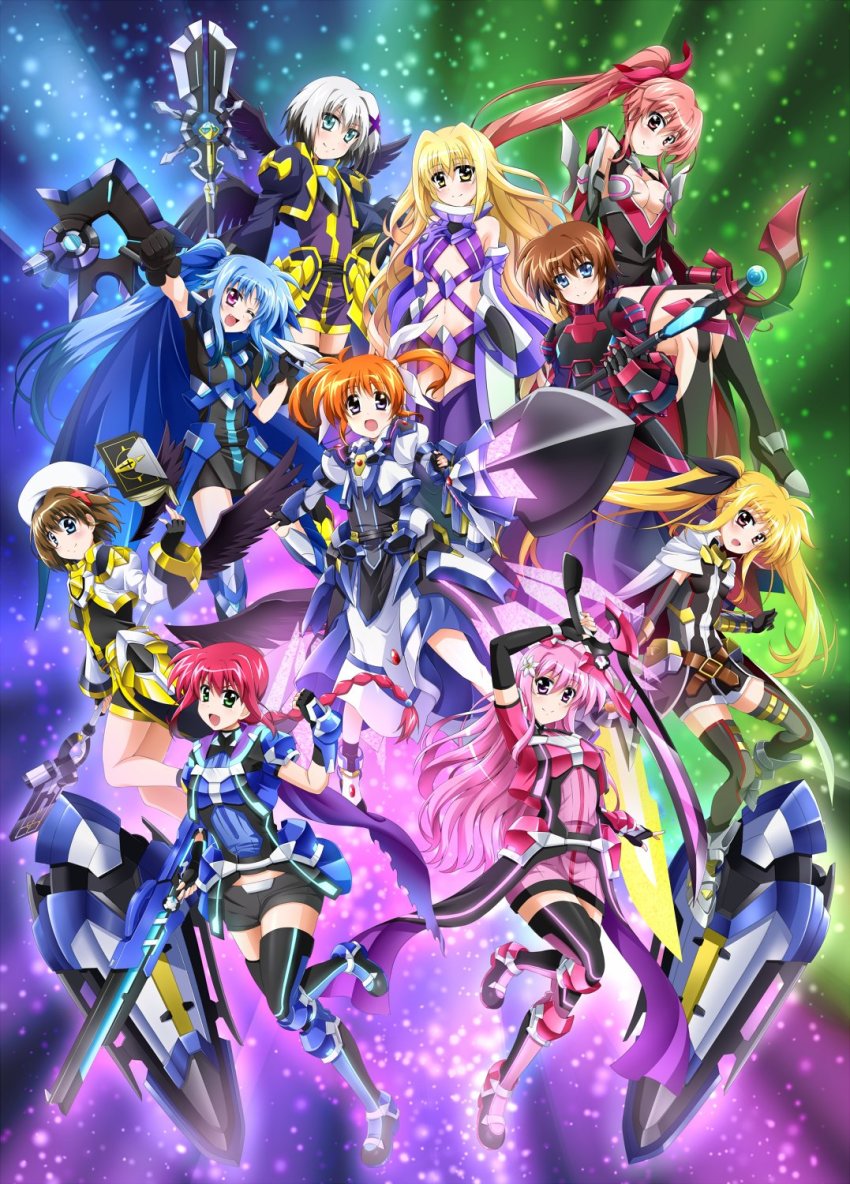 6+girls ;d amitie_florian armor armored_skirt bardiche_(blitz_saber_form)_(nanoha) bardiche_(nanoha) belt beret black_bodysuit black_dress black_hair black_jacket black_ribbon black_shorts black_socks blonde_hair blue_cape blue_eyes blue_jacket blue_ribbon bodysuit boots braid braided_ponytail breasts brown_belt brown_hair cape closed_mouth commentary_request cropped_jacket crossed_legs detached_collar dress elbow_gloves fang fate_testarossa fate_testarossa_(blaze_iii) fingerless_gloves floating flower fortress_(nanoha) gauntlets gloves greaves green_eyes grey_footwear grey_hair gun hair_flower hair_ornament hair_ribbon hairband hat highres holding holding_gun holding_staff holding_sword holding_weapon iris_(nanoha) jacket juliet_sleeves kneehighs kyrie_florian leg_up levi_the_slasher long_dress long_hair long_sleeves looking_at_viewer looking_back lord_dearche luciferion lyrical_nanoha mahou_shoujo_lyrical_nanoha_detonation medium_breasts multicolored_hair multiple_girls navel one_eye_closed open_mouth pink_dress pink_eyes pink_hair ponytail puffy_sleeves purple_eyes purple_legwear raising_heart raising_heart_streamer red_dress red_eyes red_hairband red_ribbon ribbon short_dress short_hair short_shorts short_sleeves shorts siblings single_braid sisters smile socks staff stern_the_destructor strike_cannon sword takamachi_nanoha takamachi_nanoha_(formula_ii) textless_version thighhighs tome_of_the_night_sky twintails two-tone_hair variant_zapper vulnificus waist_cape weapon white_cape white_dress white_footwear white_headwear white_jacket white_ribbon white_sleeves x_hair_ornament yagami_hayate yellow_eyes yersiniakreuz yorousa_(yoroiusagi) yuri_eberwein