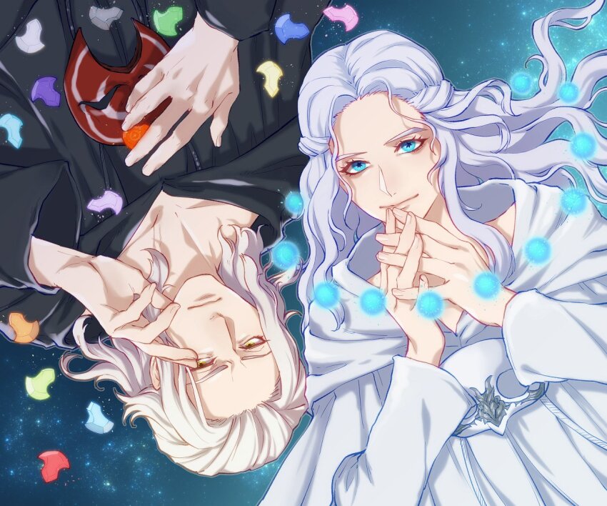 1boy 1girl black_capelet black_robe blue_background blue_eyes braid capelet collarbone crystal emet-selch final_fantasy final_fantasy_xiv floating floating_hair floating_object fosaster_fenrir from_above frown furrowed_brow grey_hair hair_pulled_back half_up_braid half_updo hand_on_own_chest hood hood_down hooded_capelet interlocked_fingers light_smile long_hair long_sleeves looking_at_viewer mask mask_around_neck robe rotational_symmetry short_hair single_braid steepled_fingers unworn_mask upper_body upside-down venat_(ff14) wavy_hair white_capelet white_robe yellow_eyes