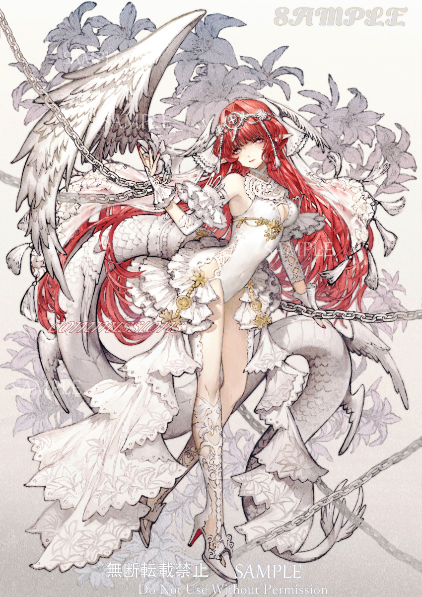 1girl absurdres baiguiyu breasts commentary_request commission covered_navel feathered_wings fingerless_gloves flower full_body gloves hair_intakes hair_ornament high_heels highres lace leotard lily_(flower) long_hair looking_at_viewer medium_breasts nail_polish original pointy_ears red_hair red_nails sample_watermark shoes solo veil very_long_hair very_long_tail watermark white_gloves white_leotard white_shoes white_veil white_wings winged_tail wings