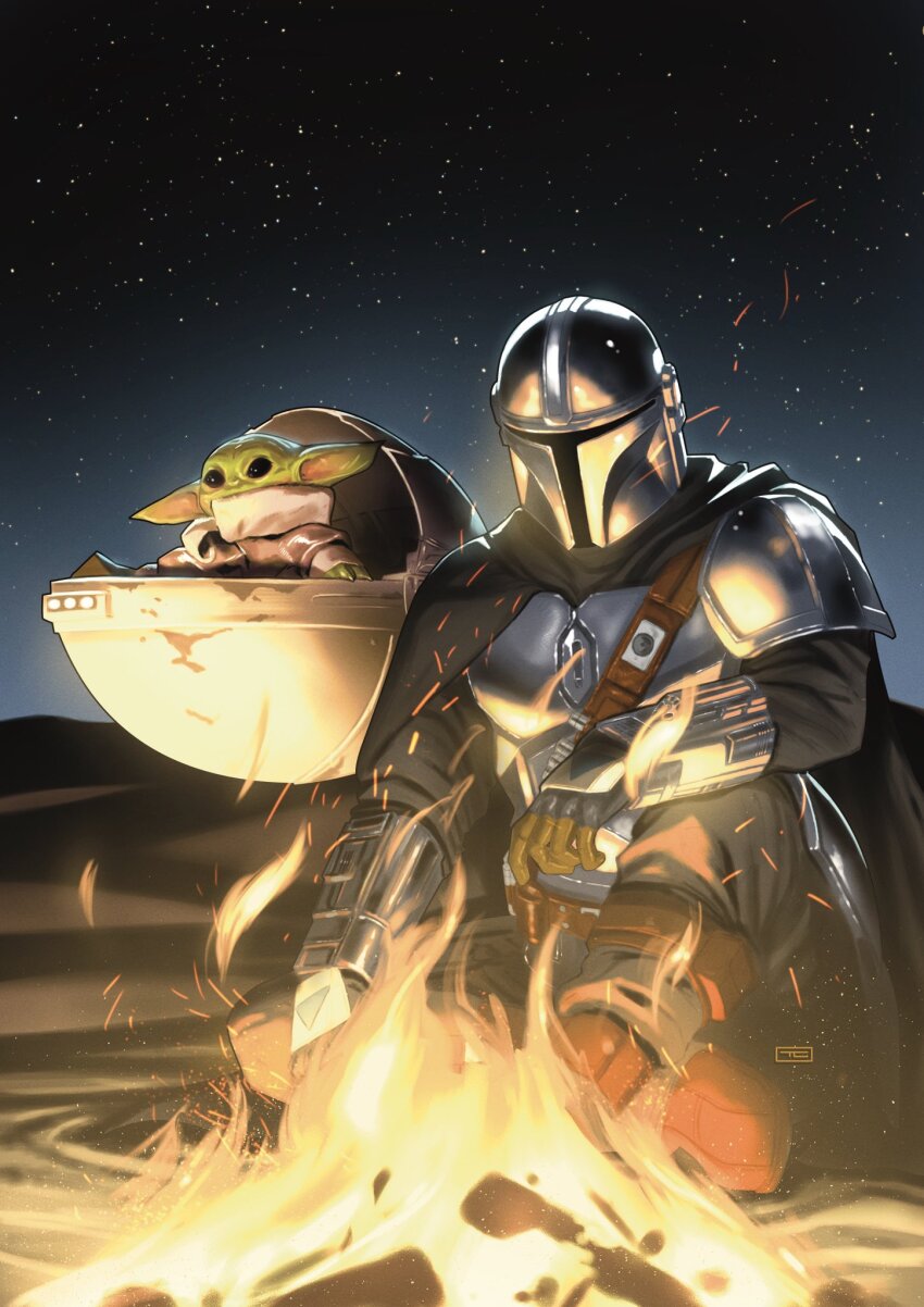 2boys alien armor black_cape campfire cape colored_skin din_djarin embers green_skin grogu helmet highres mandalorian mandalorian_armor mandalorian_helmet multiple_boys night outdoors pointy_ears sitting star_(sky) star_wars taurin_clarke the_mandalorian