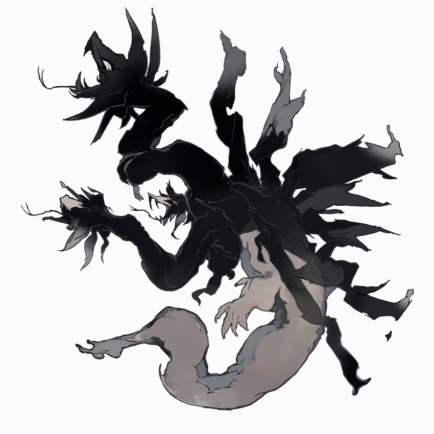 absurdres black_wings claws fangs forked_tongue from_behind gen_5_pokemon greyscale highres hydreigon keroreud limited_palette monochrome multiple_heads nintendo no_humans pokemon pokemon_(creature) pokemon_focus simple_background tail tongue white_background wings