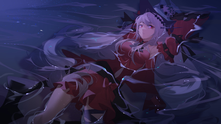 1girl afloat angelfish aqua_gloves aqua_hat arknights arm_above_head armpit_crease armpits ascot bare_shoulders black_ascot breasts clothing_cutout detached_sleeves dress feet_out_of_frame fish floating floating_hair gloves hair_between_eyes hair_ornament hat highres leg_ribbon long_hair long_sleeves looking_to_the_side lying medium_breasts moonlight navel_cutout newflame night off-shoulder_dress off_shoulder official_alternate_costume parted_lips pointy_hat red_dress red_eyes red_sleeves ribbon ripples shadow skadi_(arknights) skadi_the_corrupting_heart_(arknights) solo sparkle tropical_fish very_long_hair water white_hair