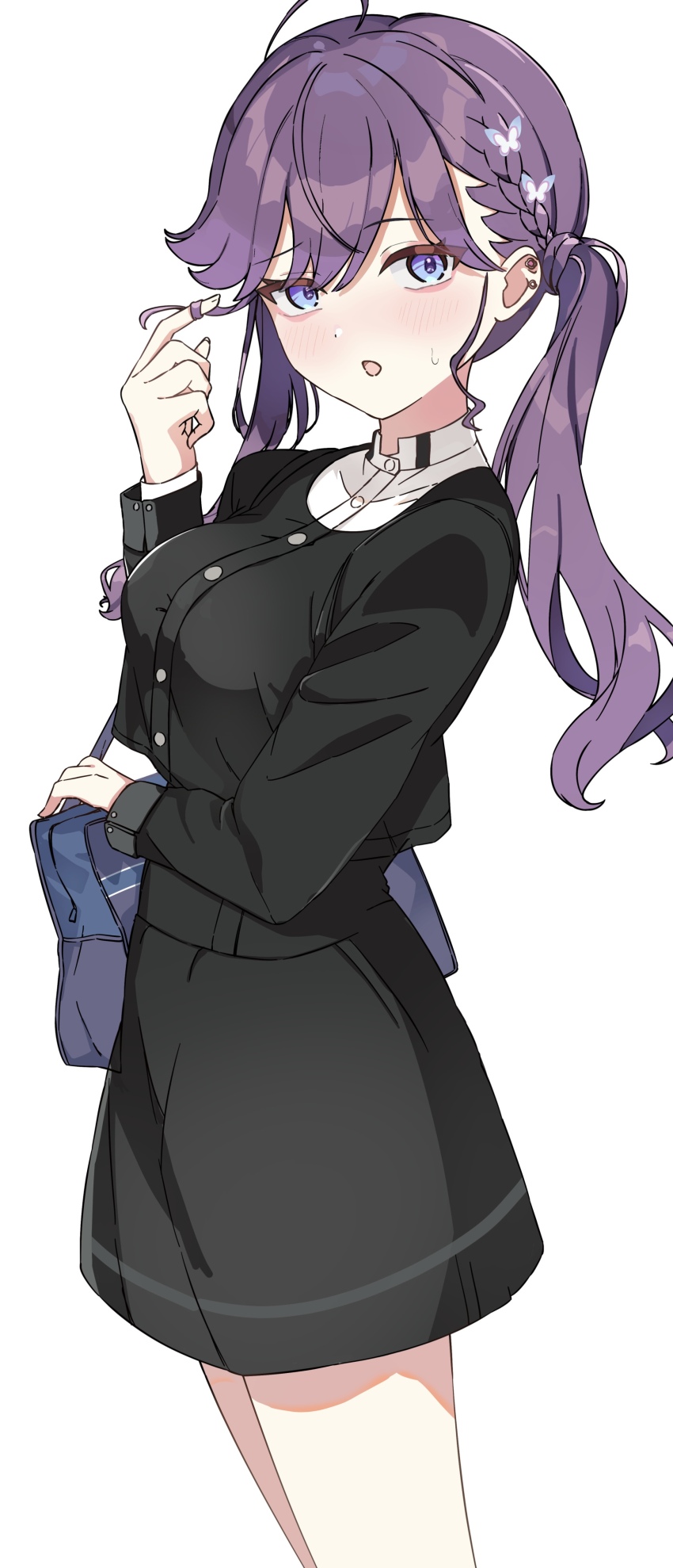 1girl :o absurdres ahoge bag black_jacket black_skirt blush braid breasts butterfly_hair_ornament ear_piercing fingernails gakuen_idolmaster gokugetsu_academy_school_uniform hair_ornament highres idolmaster jacket kaya_rinha long_hair long_sleeves looking_at_viewer medium_breasts nyorotono_(amafurashi) piercing purple_hair school_bag school_uniform shirt simple_background skirt solo sweatdrop twintails twirling_hair white_background white_shirt