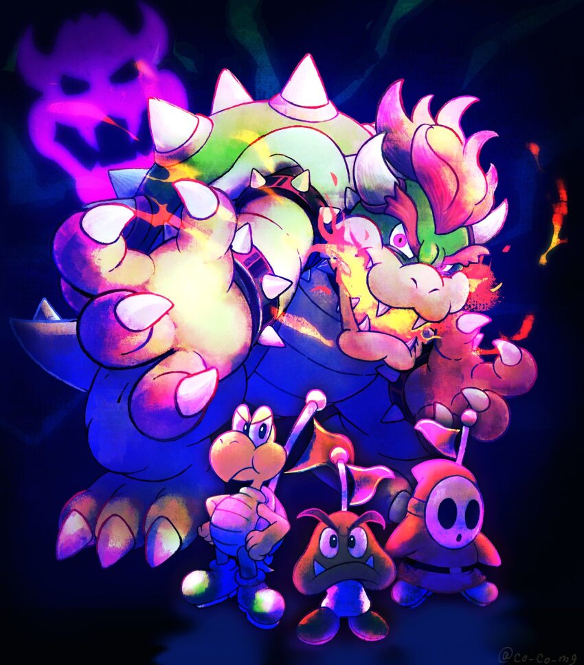 4boys boots bowser captain_goomba captain_koopa_troopa captain_shy_guy claws co_co_mg fangs goomba hands_on_own_hips highres horns koopa_troopa looking_at_viewer mario_&amp;_luigi:_superstar_saga mario_&amp;_luigi_rpg mario_(series) mask multiple_boys nintendo open_mouth sharp_teeth shy_guy teeth