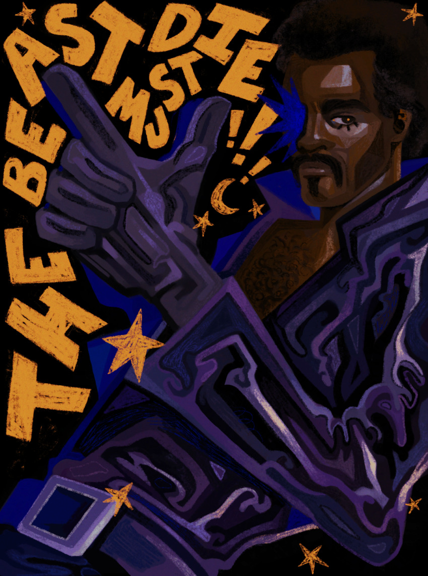 ! 1boy afro belt black_background black_hair blue_light brown_eyes calvin_lockhart closed_mouth color_contrast commentary copyright_name crescent dark-skinned_male dark_skin english_commentary english_text explosion facial_hair finger_gun formal_clothes gloves goatee highres jacket leaning_back long_sleeves looking_at_viewer male_focus mustache open_clothes open_jacket open_shirt popped_collar purple_belt purple_gloves purple_jacket purple_suit quezify solo star_(symbol) suit the_beast_must_die_(1974) thick_mustache upper_body very_dark_skin yellow_pupils