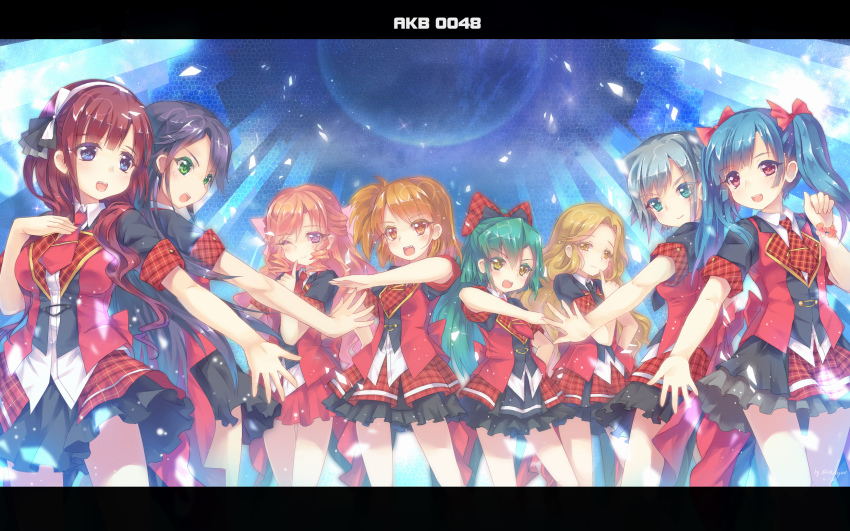10s 6+girls :d akb0048 akimoto_sayaka_(akb0048) black_hair blue_eyes blue_hair blush character_request copyright_name dress green_eyes green_hair highres ichijou_yuuka itano_tomomi_(akb0048) kashiwagi_yuki_(akb0048) kojima_haruna_(akb0048) letterboxed maeda_atsuko_(akb0048) motomiya_nagisa multiple_girls north_abyssor ooshima_yuuko_(akb0048) open_mouth orange_hair outstretched_arm purple_eyes red_eyes shinonome_sonata side_ponytail silver_hair skirt smile takahashi_minami_(akb0048) twintails watanabe_mayu_(akb0048) yellow_eyes